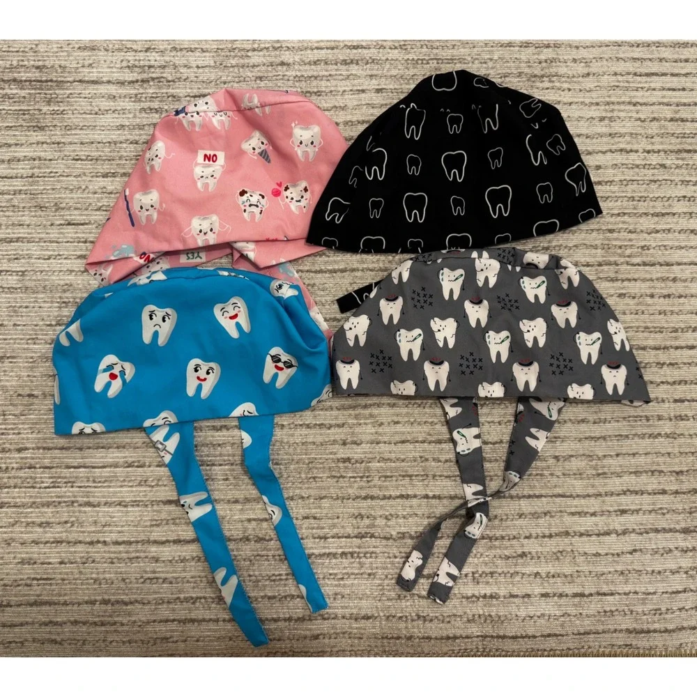 Set of 4 Dental Scrub Caps with Buttons for Masks Tooth Print Pink Blue Grey